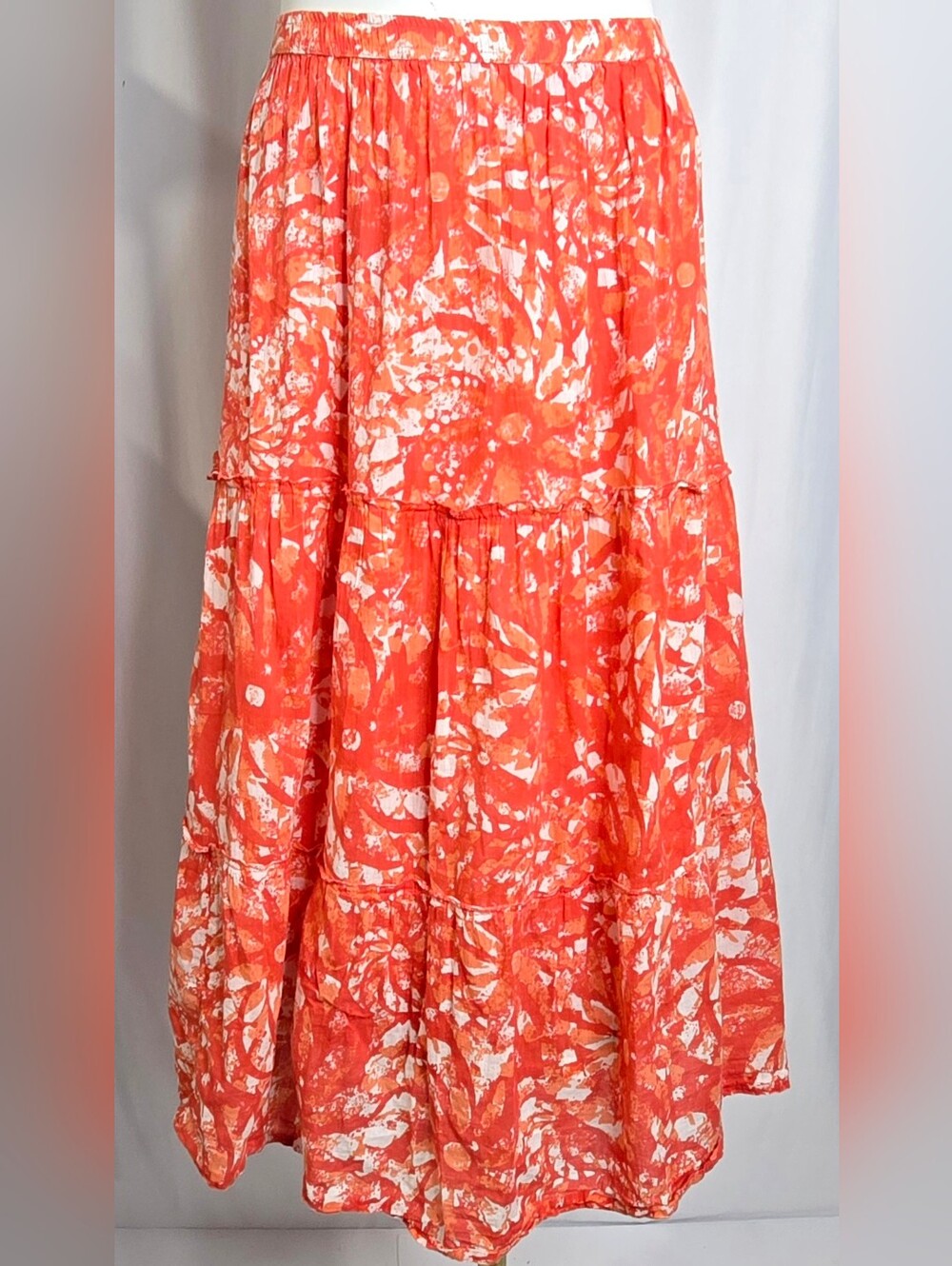 ​Macy's Great Northwest Indigo Boho Tiered Maxi Skirt Orange Batik Cotton L NWOT